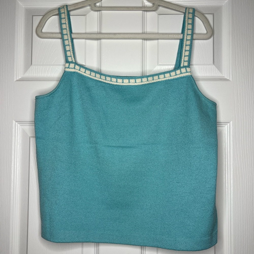 St. John Aqua Blue Knit Camisole w/ Cream Trim | Santana Knit | Size L